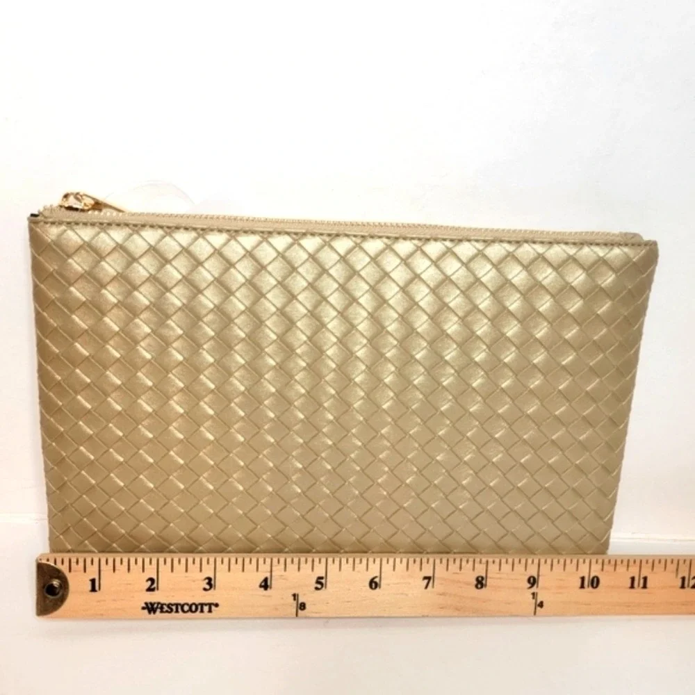 VIRGINIA WOLF‎ Faux Leather Clutch Mini Woven Pouch Gold Tassel Zip Top Make Up